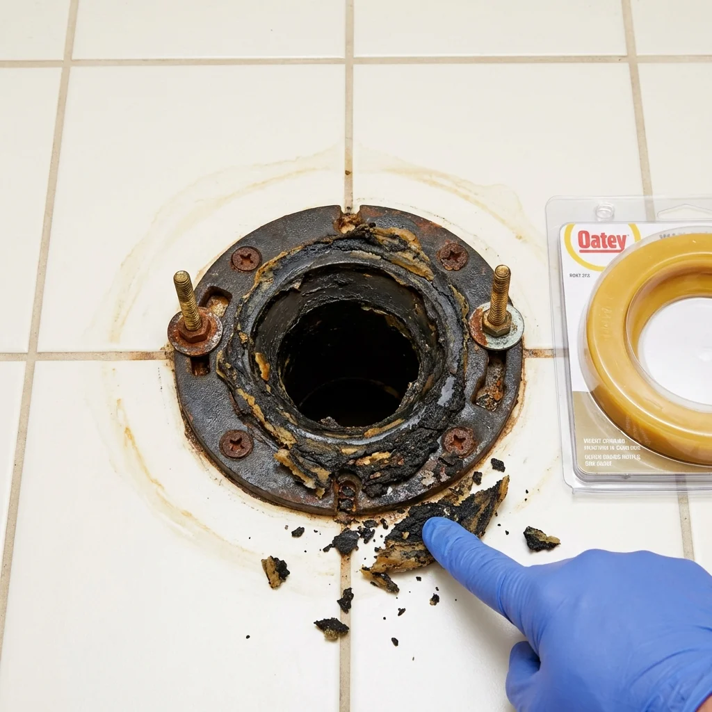 Failed wax ring showing water seepage at the base of a toilet in a Auburn, IN home