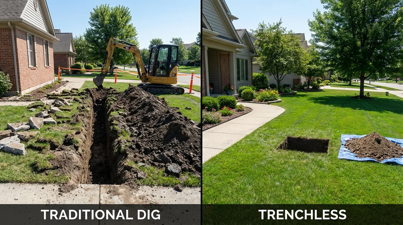 Trenchless sewer repair with minimal yard damage versus traditional excavation in Auburn, IN