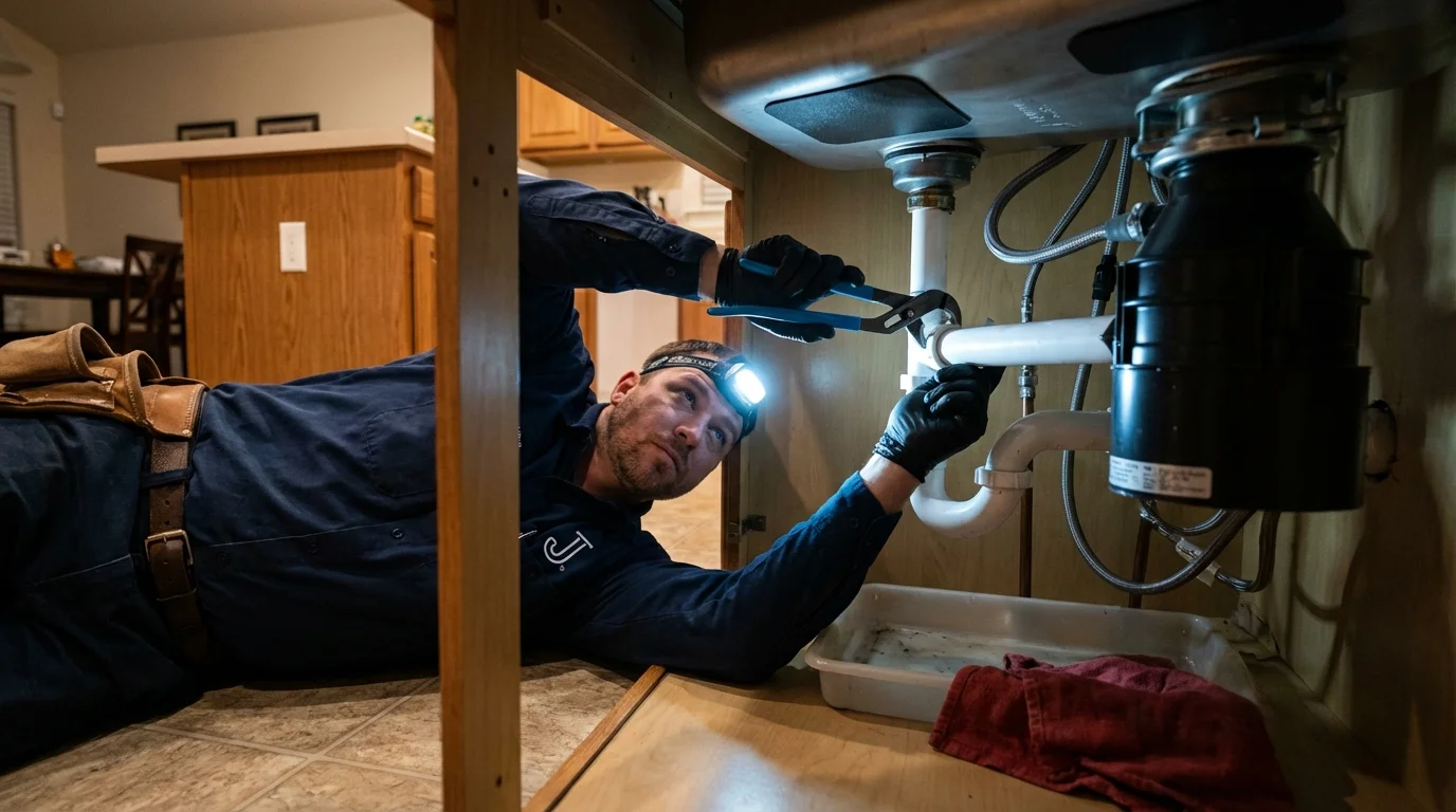 P-trap and supply line connections under a kitchen sink showing a common leak point in Auburn, IN